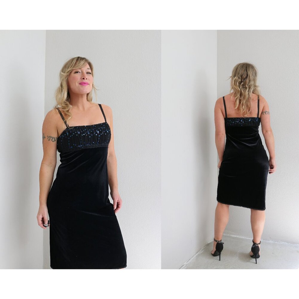 1990's Y2K Vintage Black Velvet Cocktail Dress ~ Women's Extra Small Small XS SM